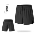 Men's red high-waist off-road running shorts with loose leg design, shown on a model running on a trail.