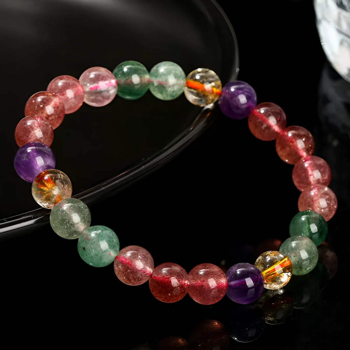 Natural strawberry quartz bracelet for women with round beads in about 7mm, 8mm, or 9mm and tourmaline colour style.