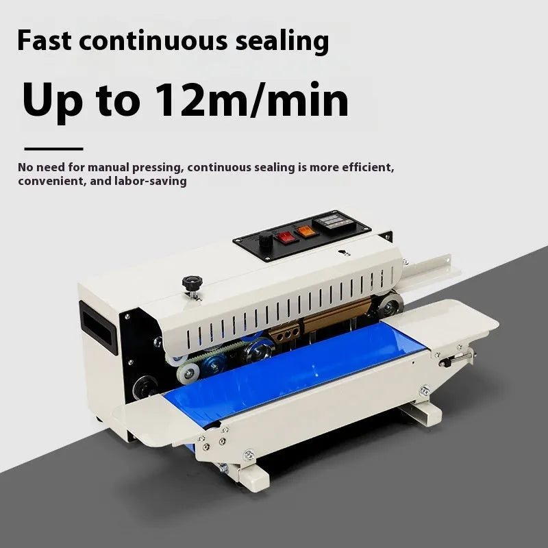 Mini handheld L1 steel seal impulse heat sealer with integrated date stamp for plastic bags.
