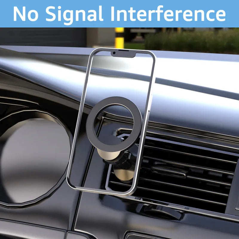 Black magnetic suction car phone holder mounted on a vehicle air vent, showing O-ring clip and magnet for phone attachment.