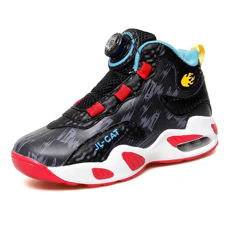 Boys' black basketball shoes with a rotating button closure and a white PU sole.