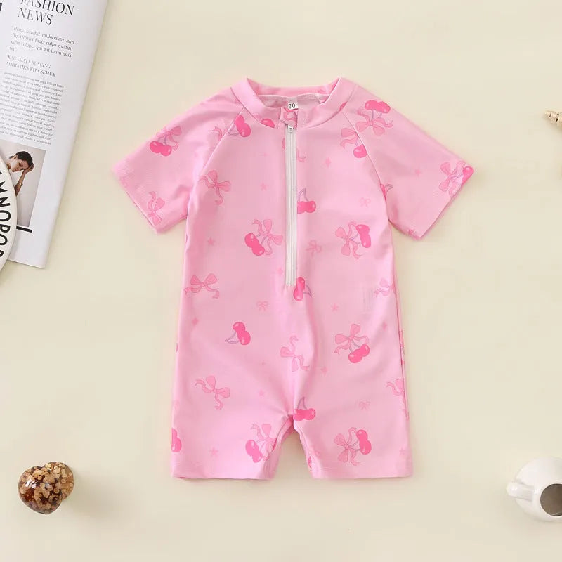 Bowknot girls' one-piece swimsuit in polyester with full cherry flower print for babies