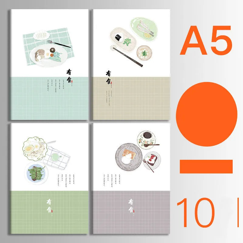 Pack of 10 A5 and B5 soft cover kraft paper notebooks with various designs, showing thread binding.