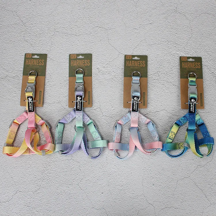 Gradient colour dog leash and collar set made from nylon fabric in multiple colour combinations