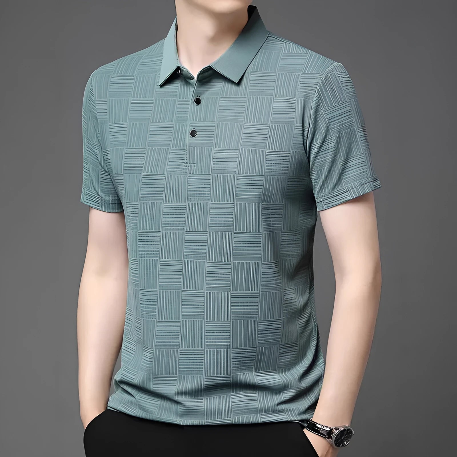 Man wearing a slim fit lapel T-shirt in a chemical fibre blend, available in multiple colours.