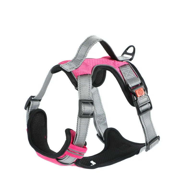 Orange adjustable dog chest strap vest harness with an integrated hand holding rope.