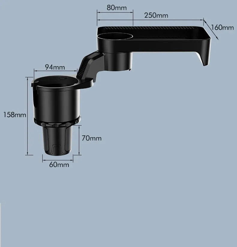 Black ABS plastic rotating dinner tray holder inserted into a car cup holder.