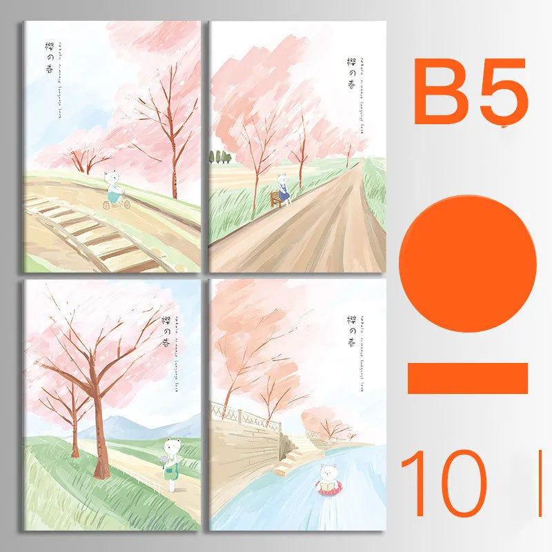 Pack of 10 A5 and B5 soft cover kraft paper notebooks with various designs, showing thread binding.