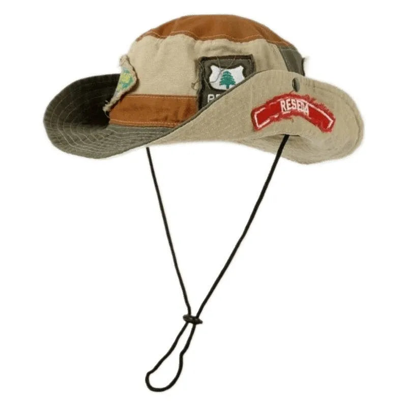 Army green cotton fisherman hat with retro patch design and flat top crown