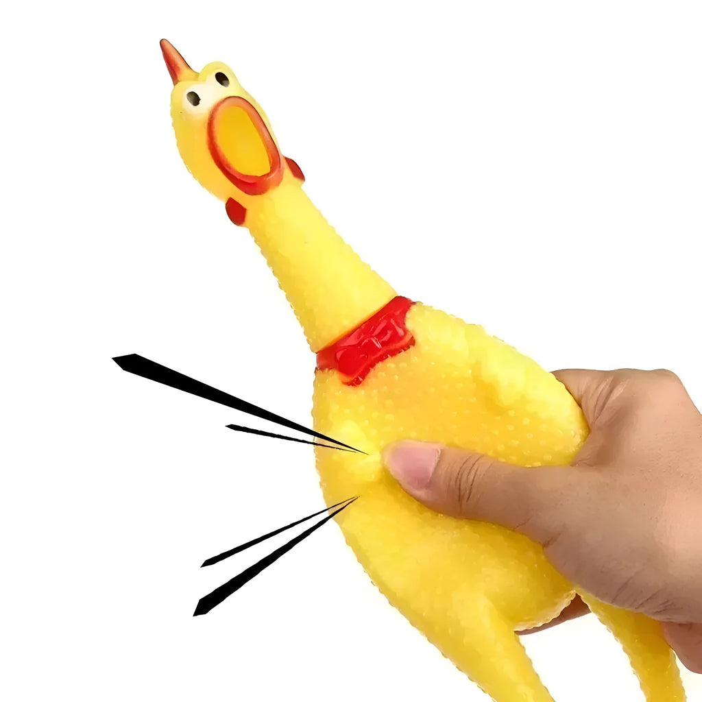 Yellow rubber squeaking chicken dog toy shown in three different sizes for pet play