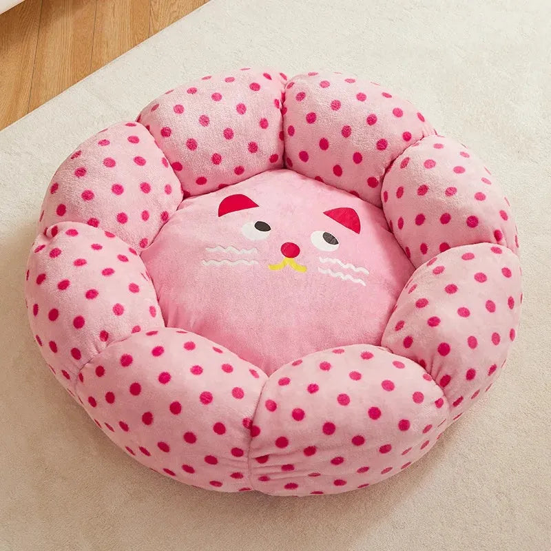 Pink dot pattern fabric cat nest bed in circular design showing two size options for pets up to 20 pounds