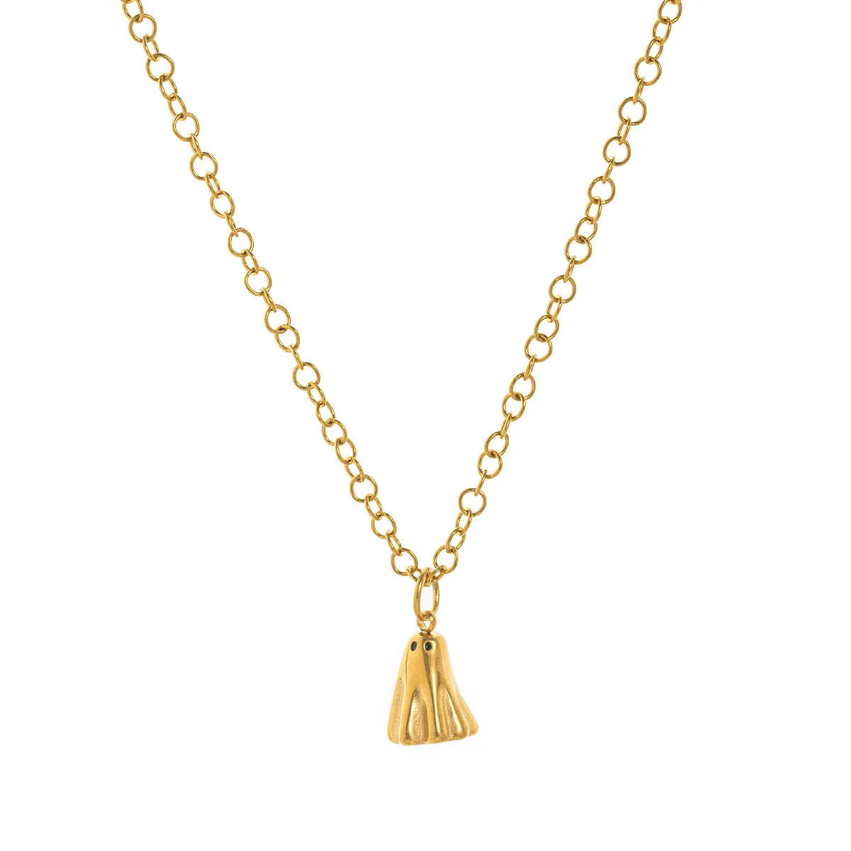 Stainless steel necklace with a detailed titanium steel ghost pendant on a twisted chain.