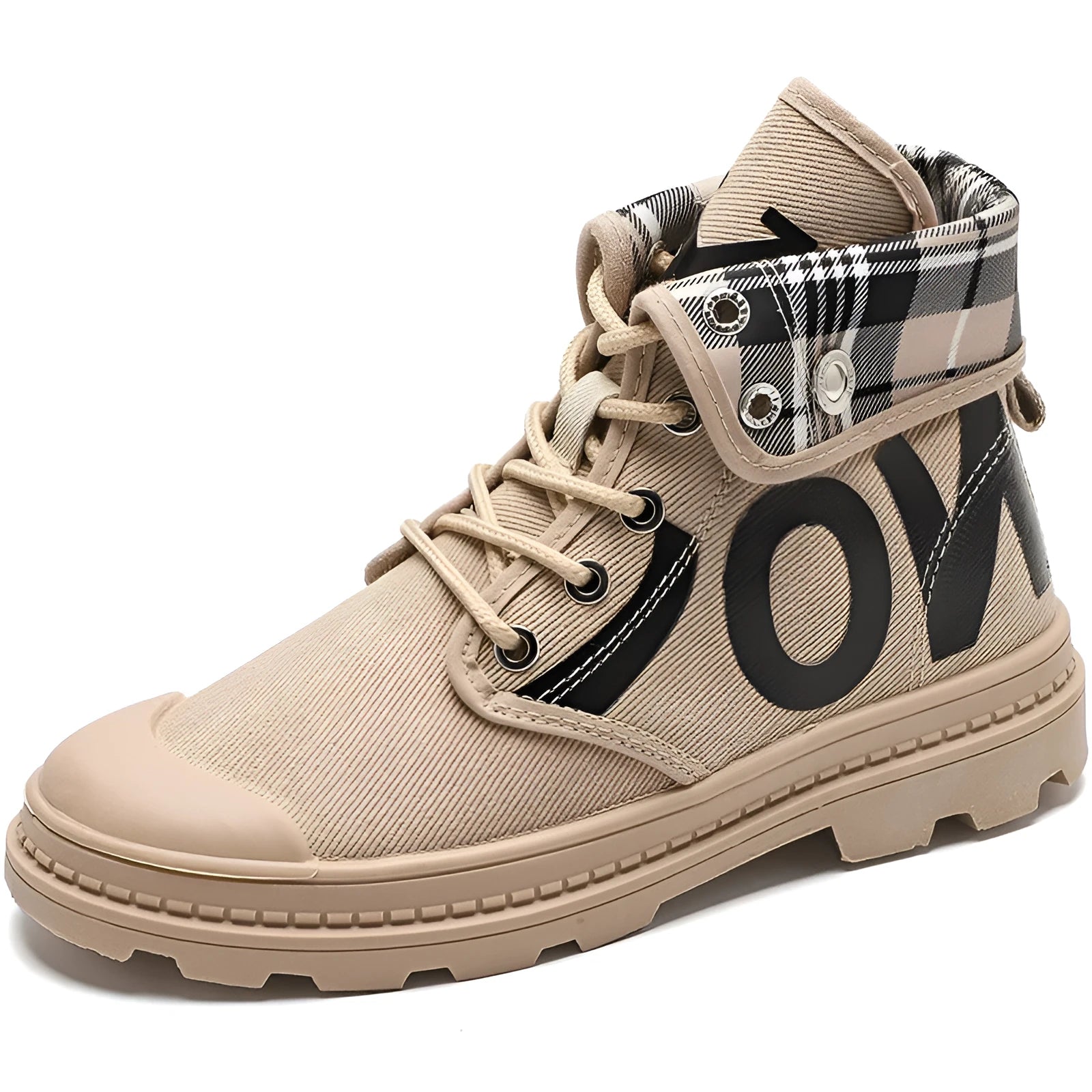 Women's high-top canvas short boots with cross straps and buckles in black, side view