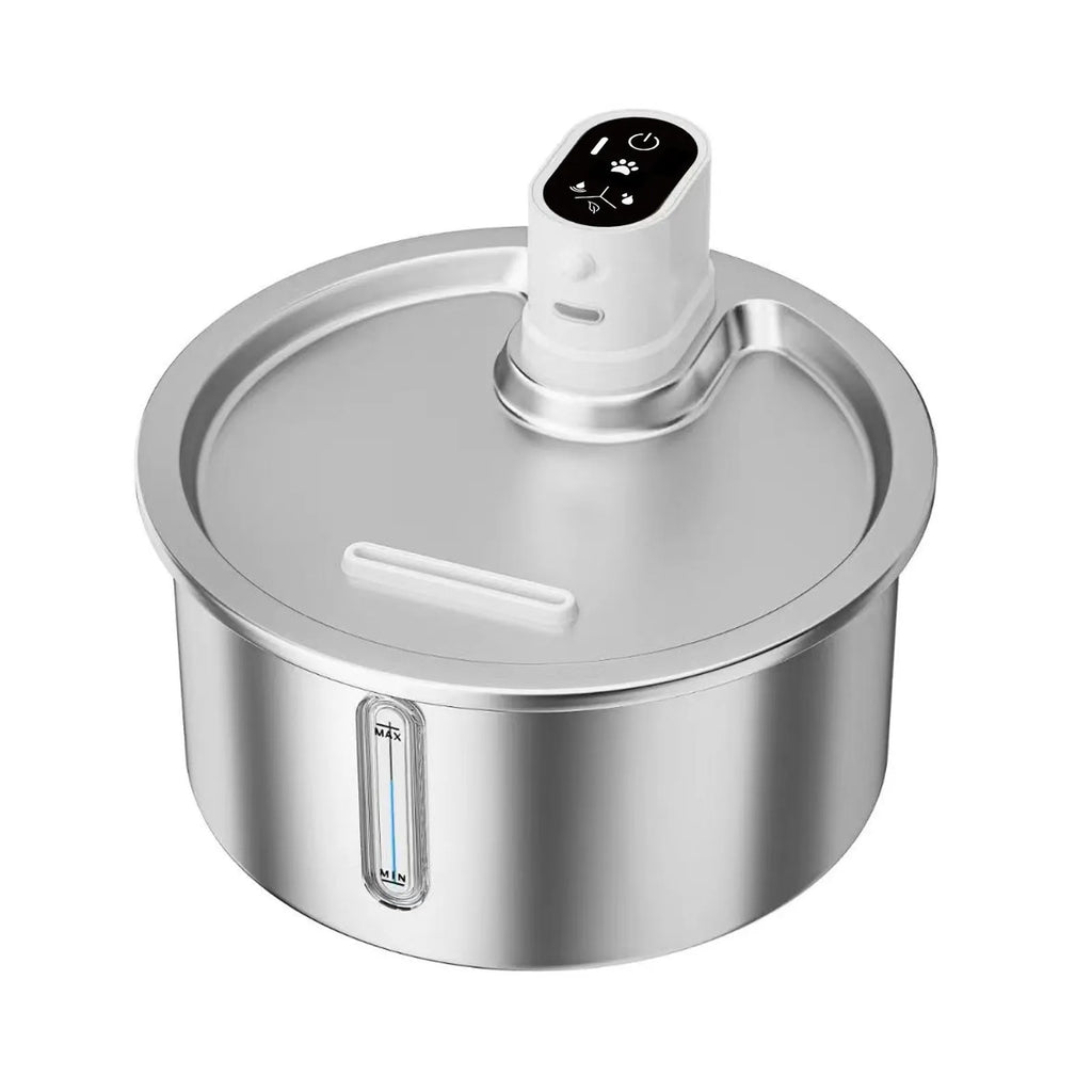 Stainless steel cat and dog water fountain with white heating base on a kitchen floor.
