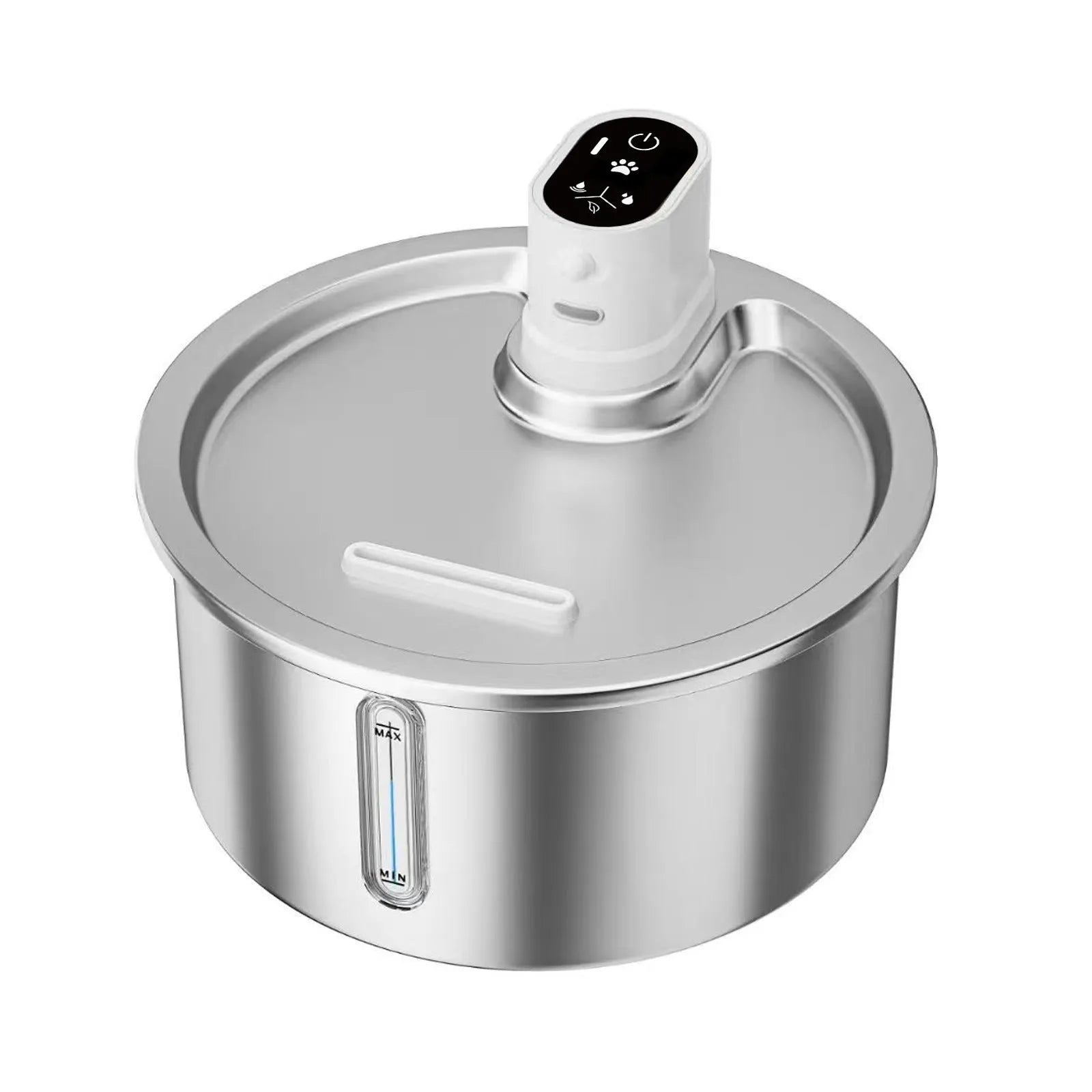 Stainless steel cat and dog water fountain with white heating base on a kitchen floor.