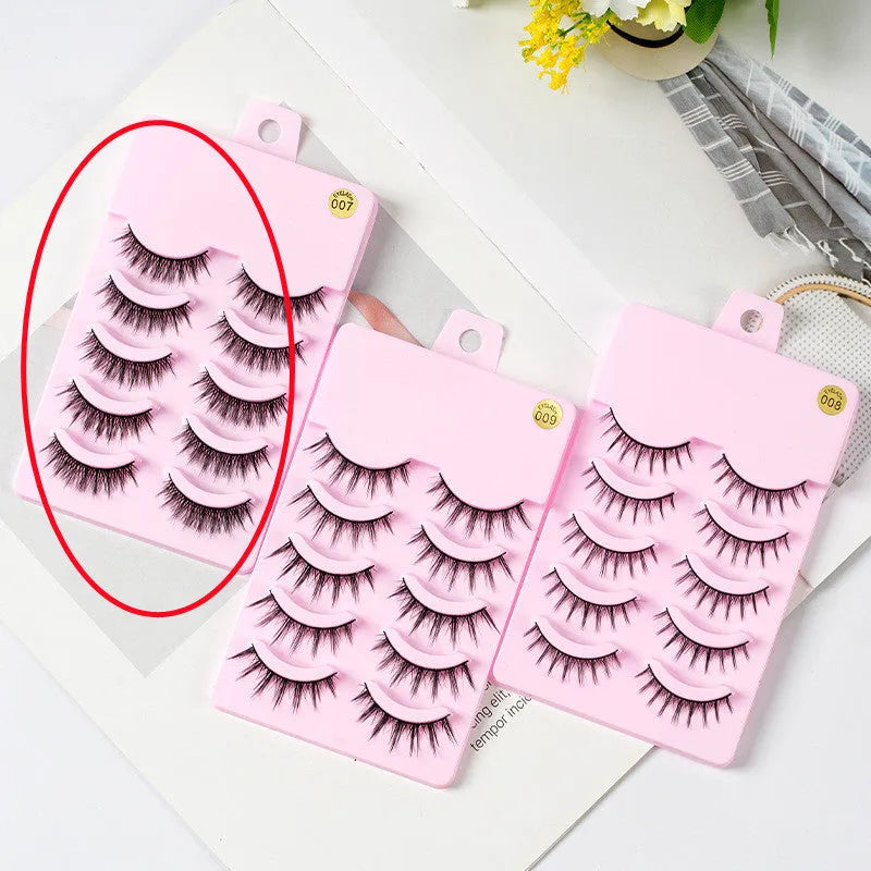 Pack of manga style false eyelashes showing natural wispy designs on plastic black terriers for cosplay and Korean makeup.
