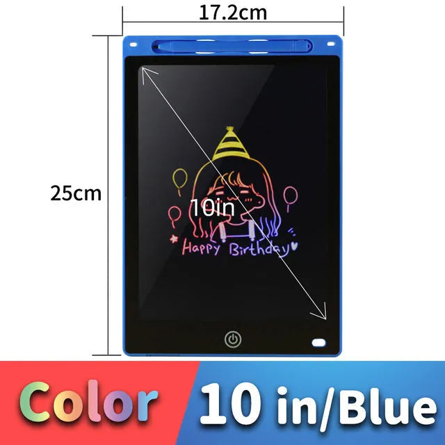 LCD drawing tablet for children with plastic stylus, shown as a light energy writing board in multiple sizes and colours
