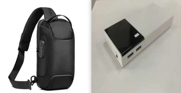 20000mAh black power bank with aluminium shell construction showing charging port and dimensions