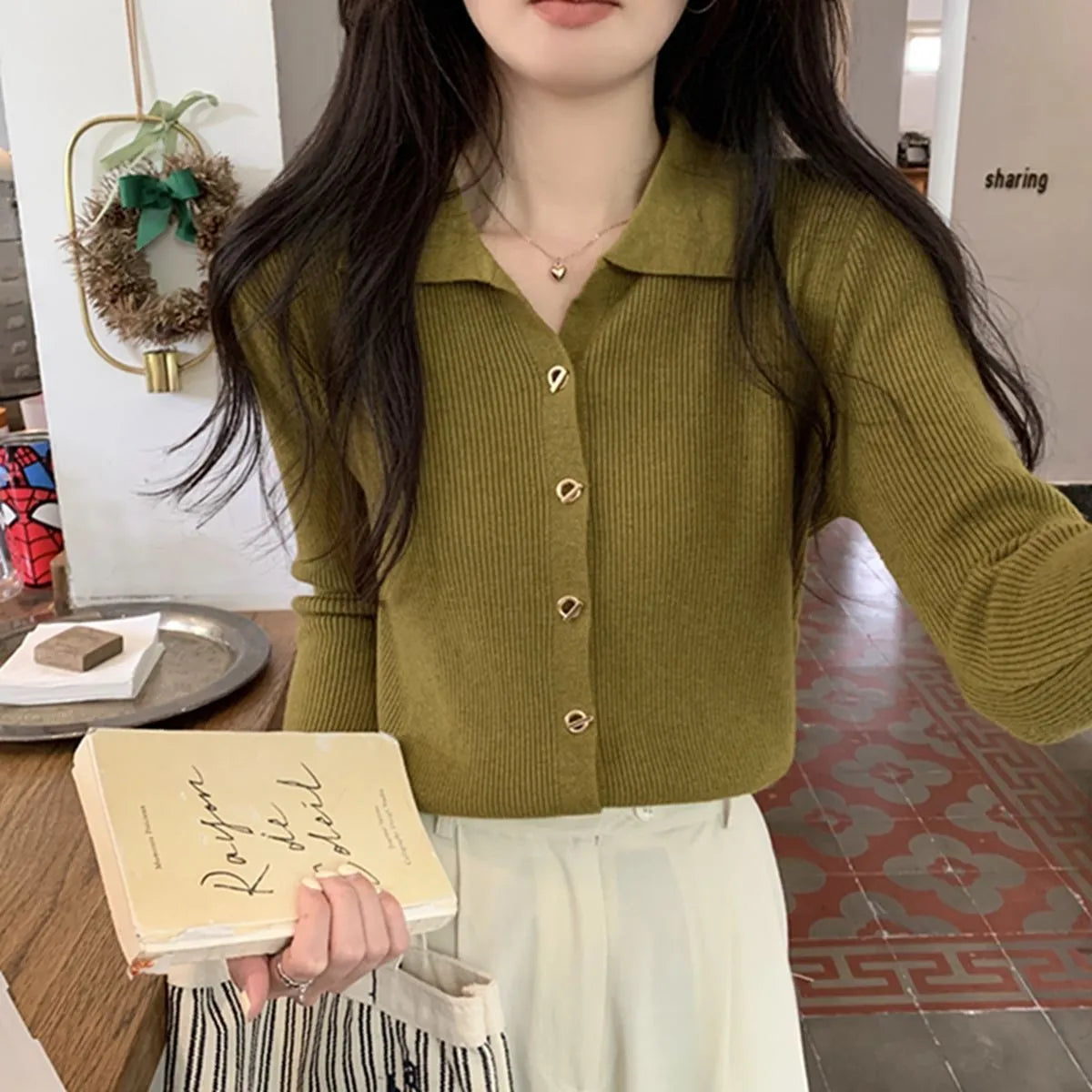 Long-sleeve loose-fit viscose knitted cardigan top in oatmeal colour.