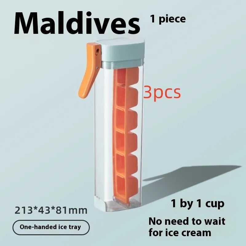 Food-grade PET ice cube tray with storage box, 1 litre, press-release, Maldives colour or Pearl White