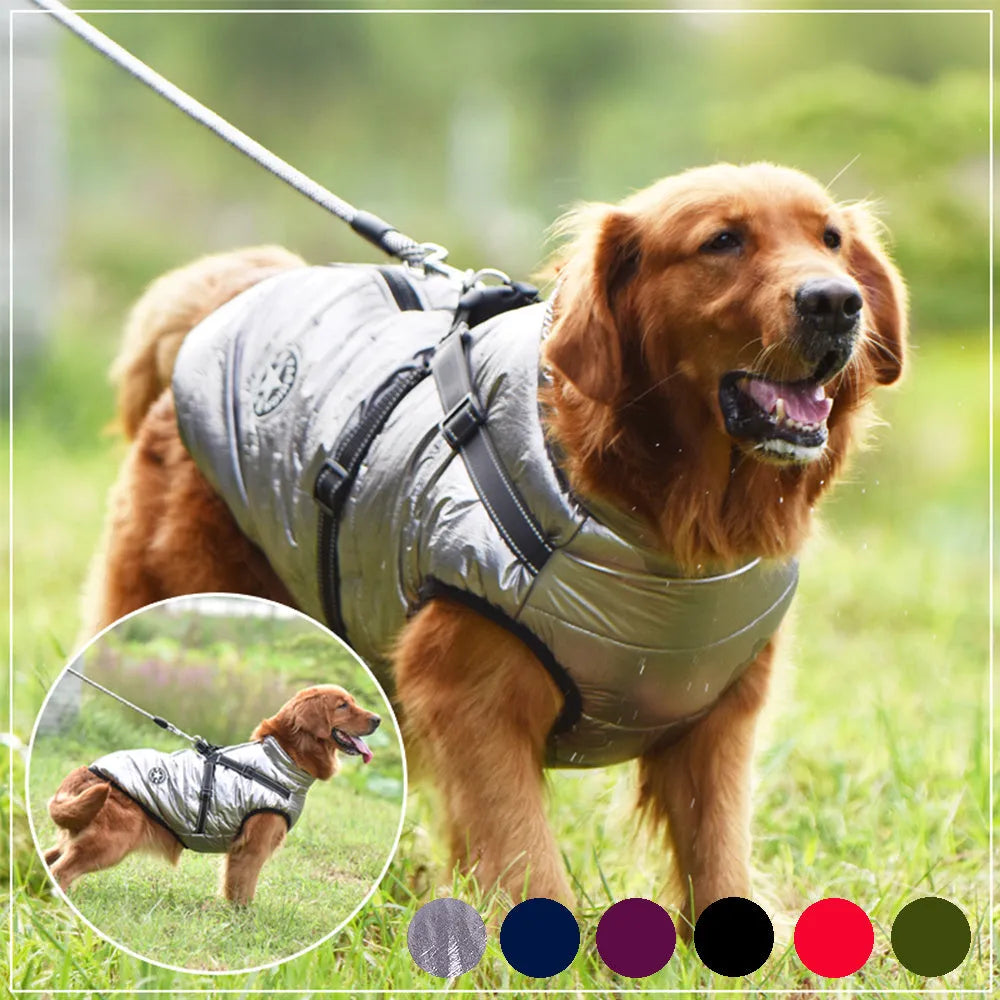 Waterproof dog coat with integrated harness in red, navy blue, and army green colours for winter.
