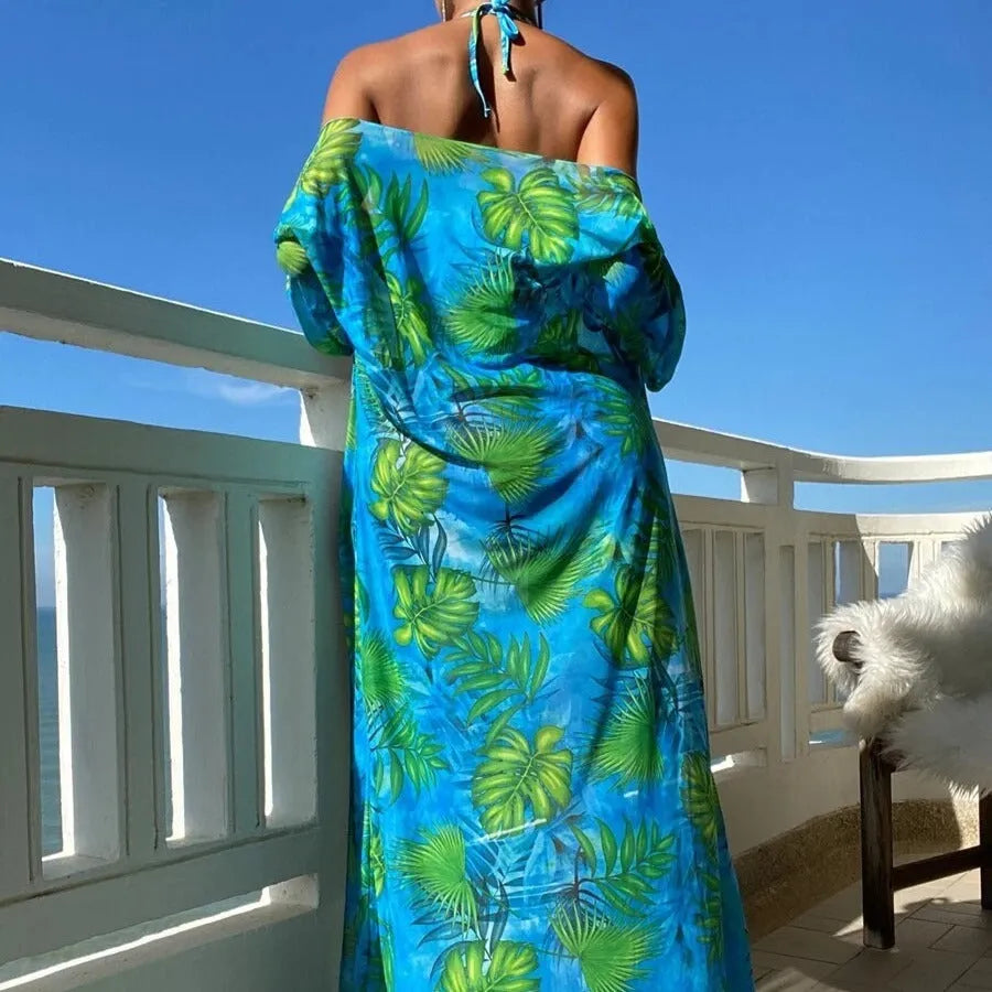 Split long sleeve banded bikini swimsuit set in a floral pattern with a matching outer robe.