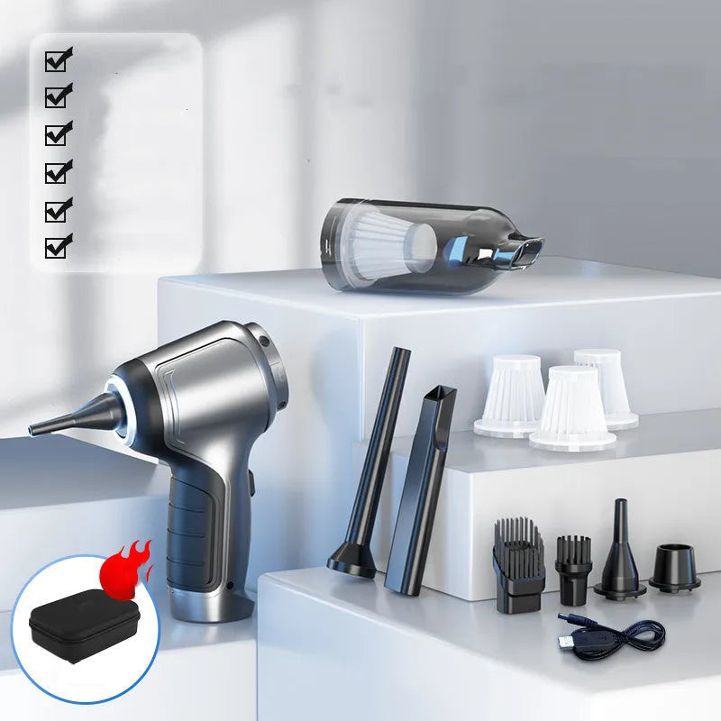Handheld cordless vacuum cleaner unit for use in cars and homes, showing its portable design.