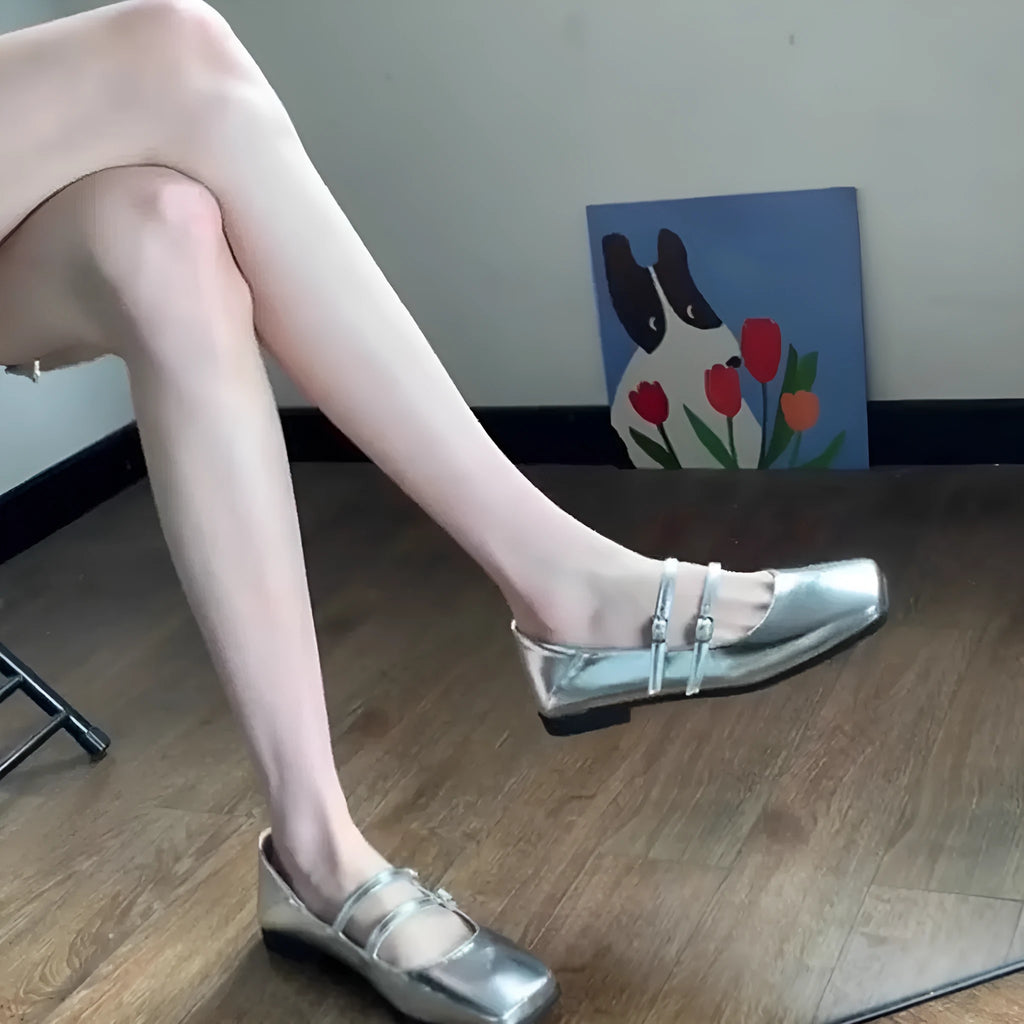 Women's genuine leather ballet flats with cross-buckle strap in silver colour