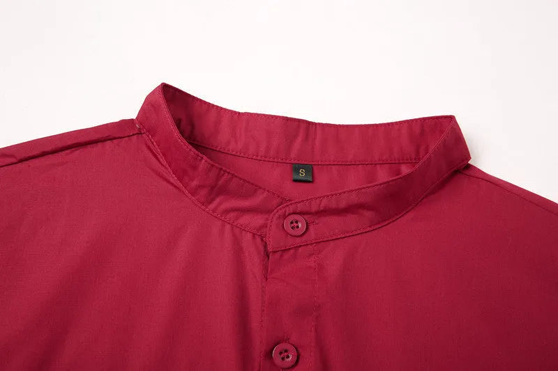 Men's red stand-up collar casual shirt with Chinese-style design, long sleeves, available in sizes S to XXXL