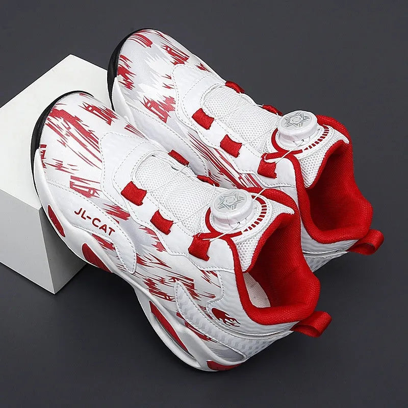 Boys' black basketball shoes with a rotating button closure and a white PU sole.