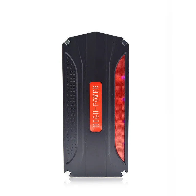 Black and red coloured portable 12V car jump starter emergency power supply unit.