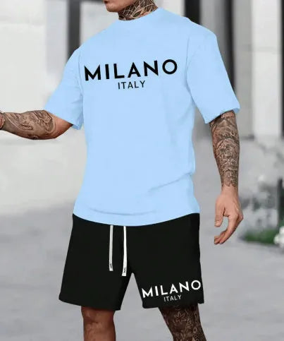 European style short sleeve polyester suit with round neck top and matching shorts in various colours