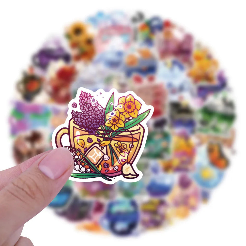 Colourful tea cup graffiti design waterproof stickers in a pack of 50 for DIY decoration.
