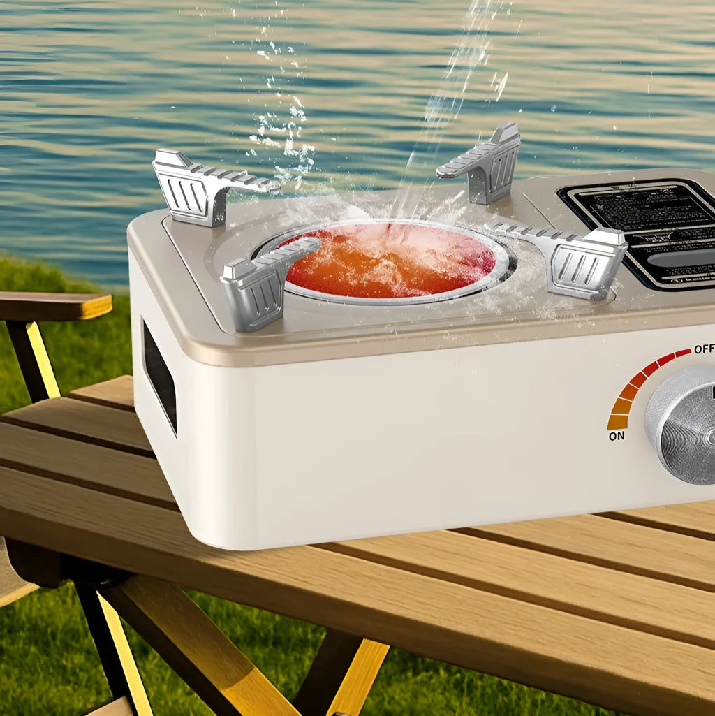 White portable infrared gas stove with stainless steel construction for outdoor camping use.