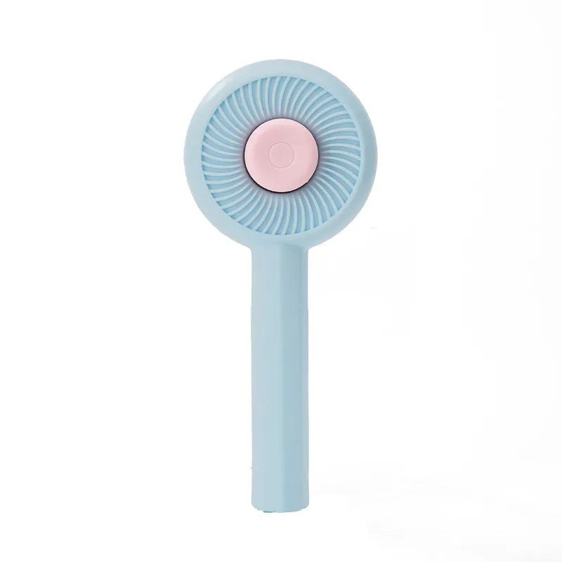 Blue and yellow pet grooming brush with metal pins and a self-cleaning button for cats and dogs.