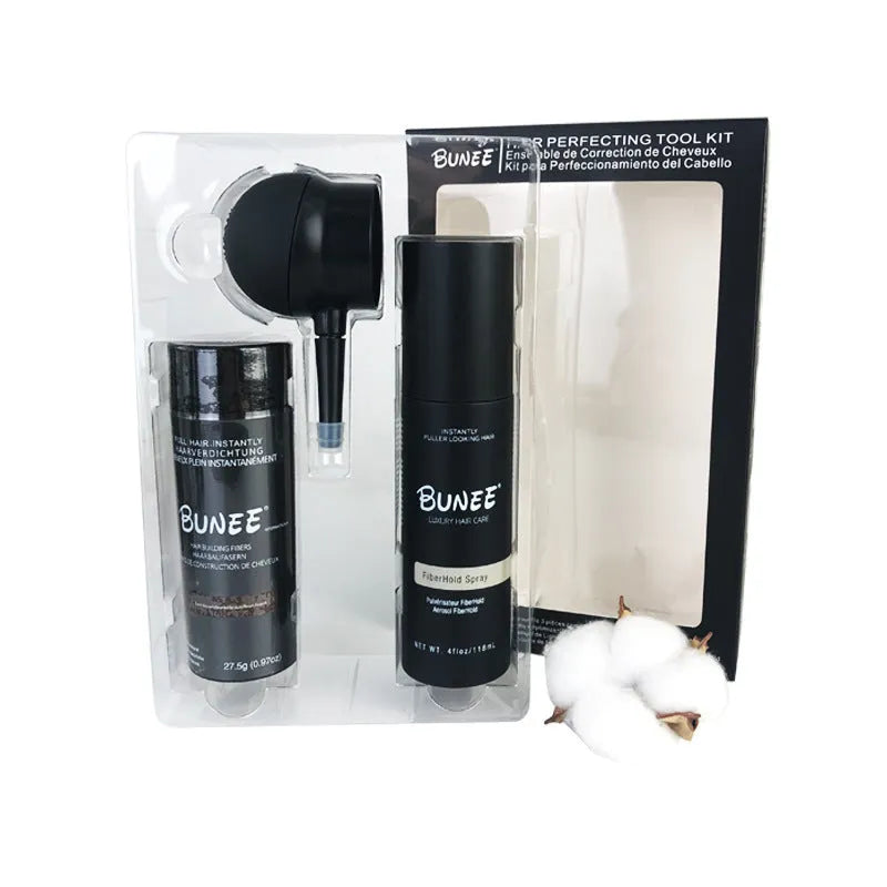 Dense hair fibre powder 275g canister with application nozzle and shaping spray bottle kit.