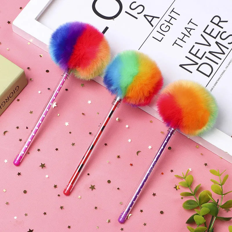 Student creativity colour pompon gift pen with fur ball, cartoon style, 23cm plastic shell