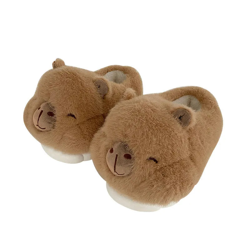Light brown women's winter slippers with cartoon pattern, plush cotton upper and PVC sole