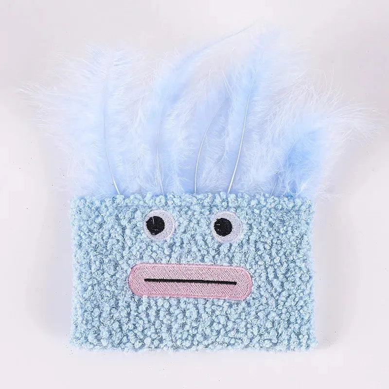 Colourful catnip plush toy with explosion head shape in blue, green, orange, and purple options