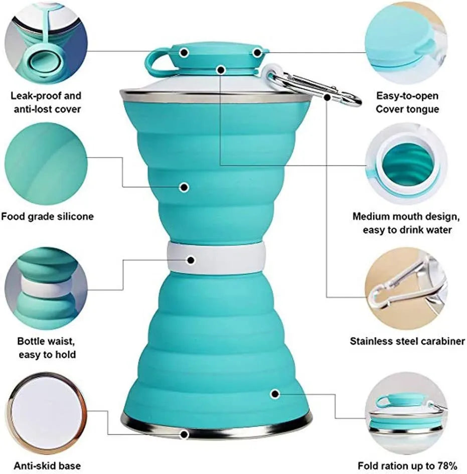 Collapsed and unfolded 500ml silicone travel cup in various colours with lid and carry hook