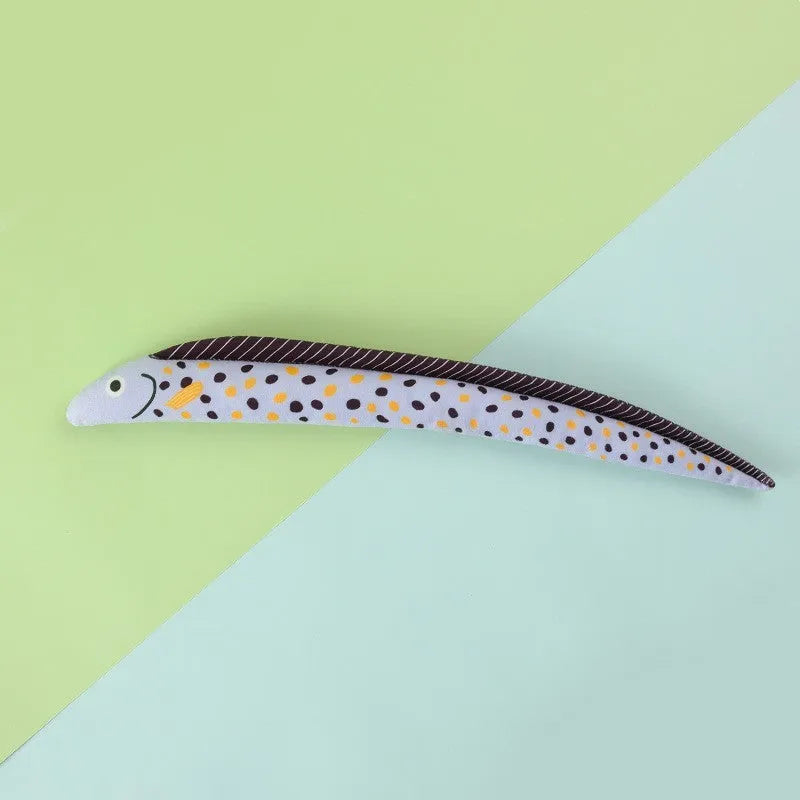 Canvas cat toy shaped like a mint fish in green eel colour on a light background
