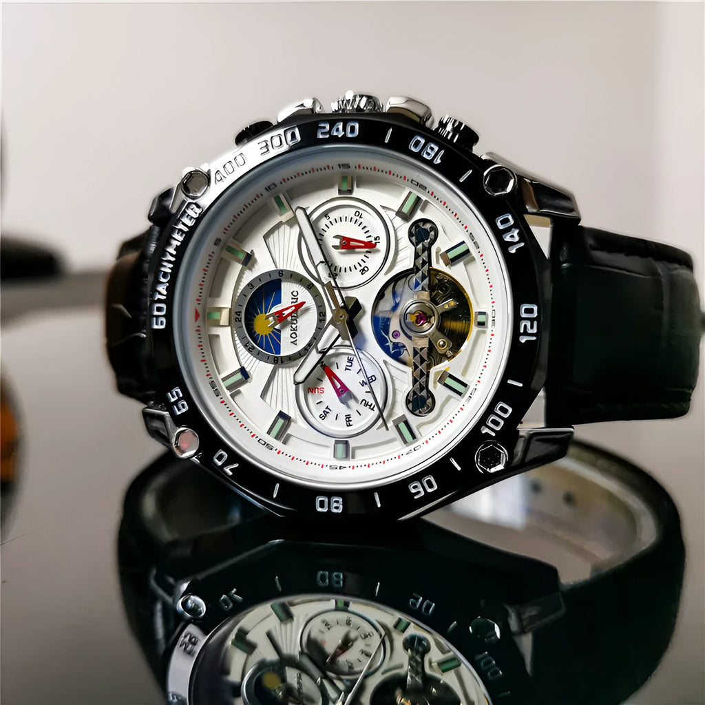 Men's automatic mechanical watch with stainless steel case in black, gold, or silver finish.