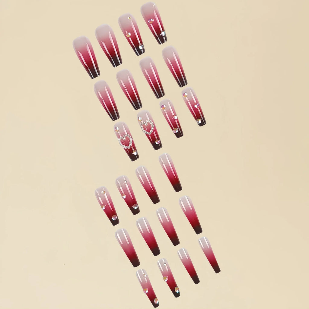 Wine red gradient fake nail tips with heart and plaid pattern, long ballet style, shown with jelly glue and rubbing cloth.