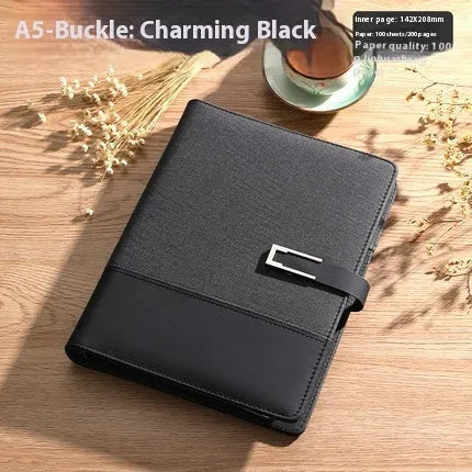 A5 leather notebook in choice of colours with gift box, open to show wood-free paper.