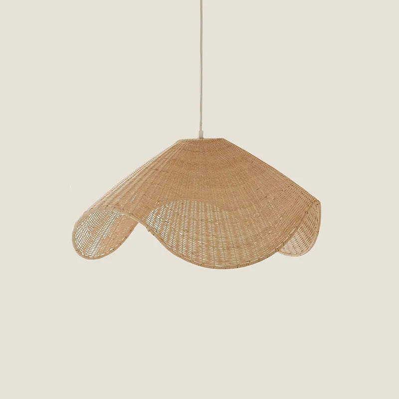Handmade bamboo and rattan pendant ceiling lamp with a woven willow shade in warm white light.