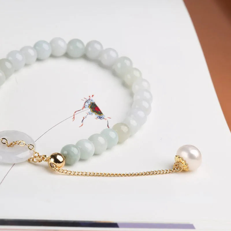 Natural emerald jade peace buckle pearl bracelet with round pendant and geometry clasp
