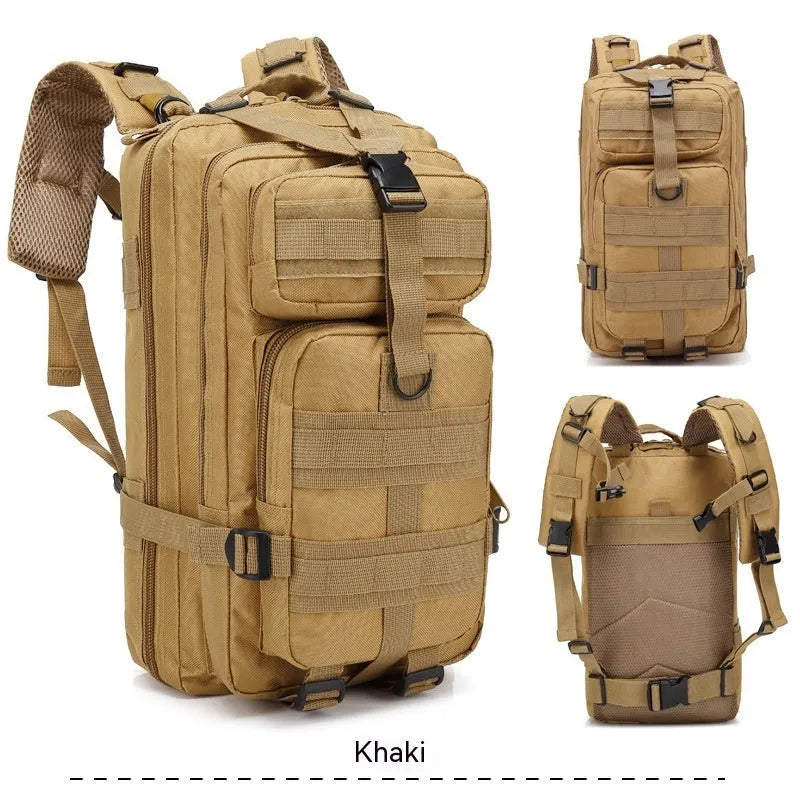 Large khaki coloured off-road hiking backpack with air pillow belt system on a rocky outdoor trail.