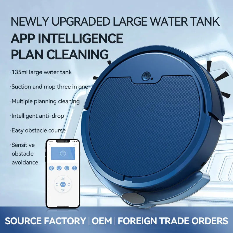 Intelligent sweeping robot with large water tank, 2000 Pa suction, in black, for floor cleaning
