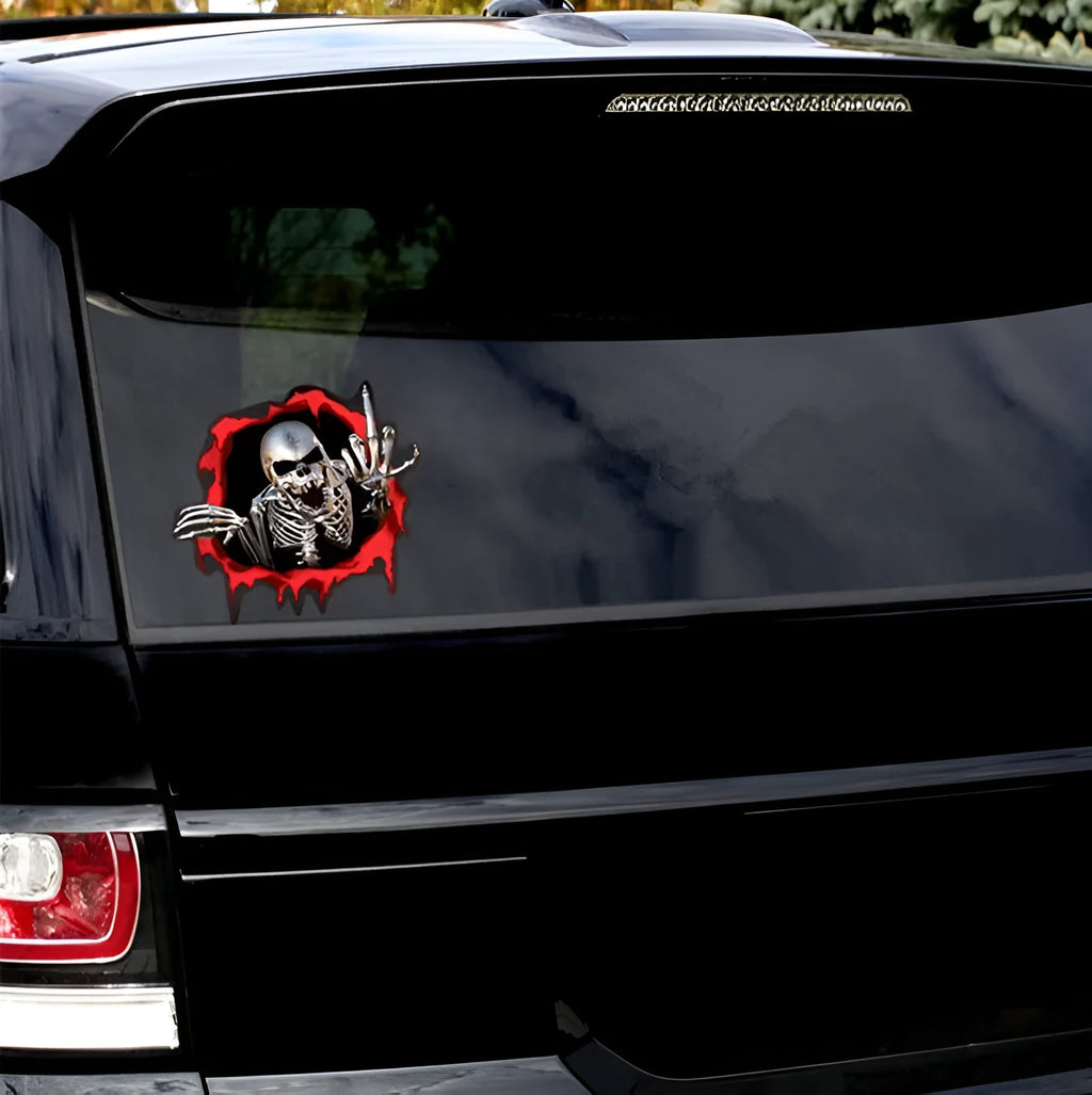 Colourful broken shell metal skull bumper sticker measuring 15 by 14 centimetres