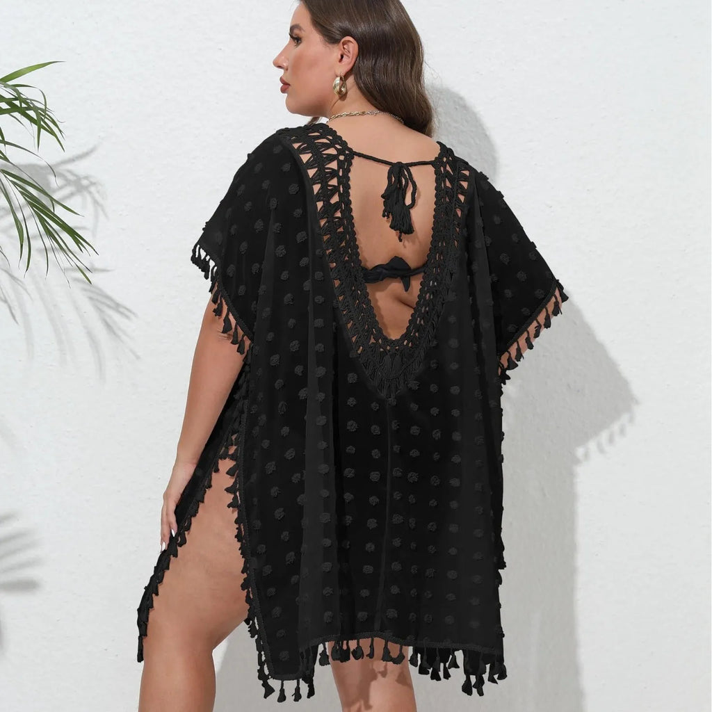 Solid colour chiffon V-neck beach dress with tassel patchwork front view